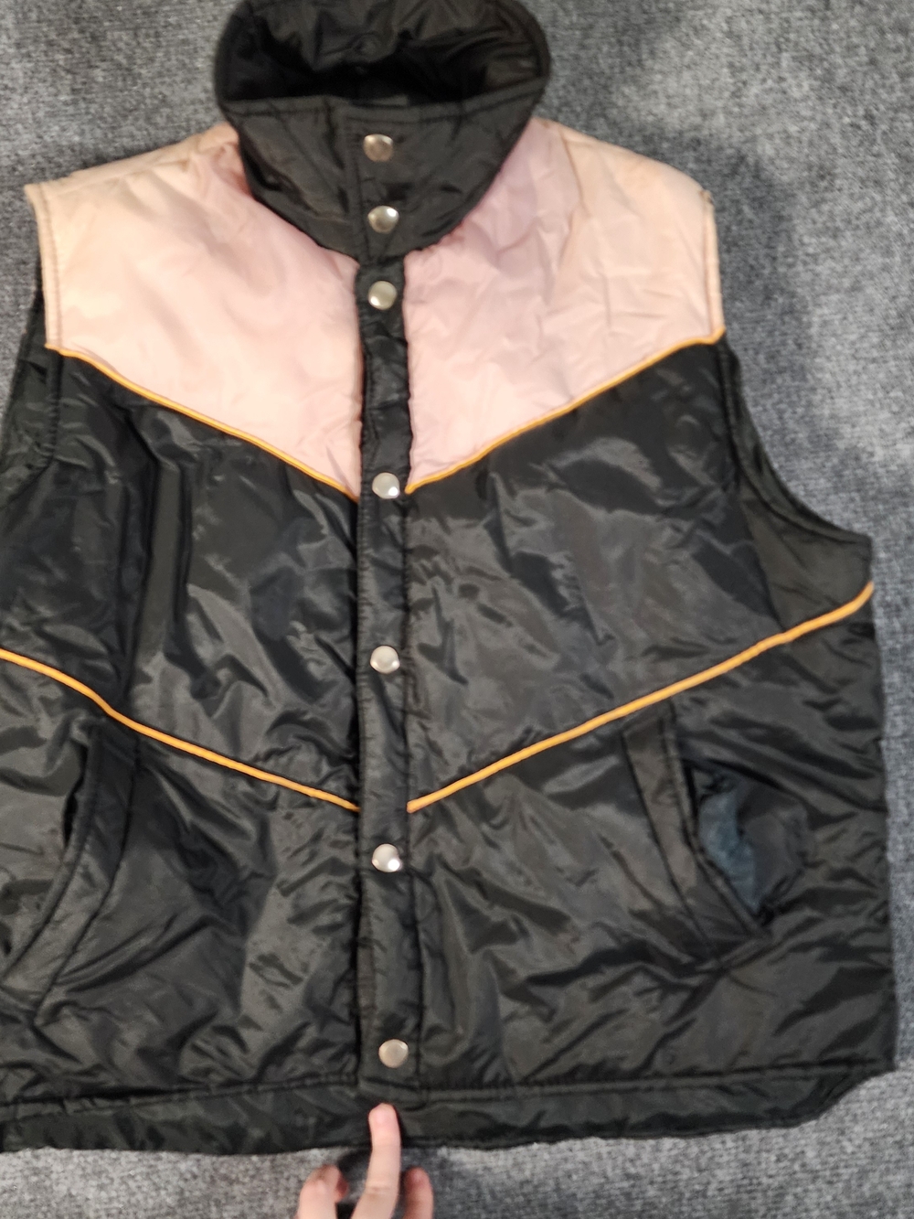80s Sigallo black nylon vest with pink panel and yellow trim, size XL